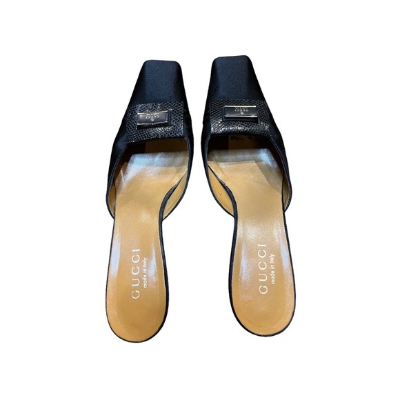 Gucci Satin Mules Womens Size 7 Black Leather Square Toe Slip On Shoes - Picture 3 of 13